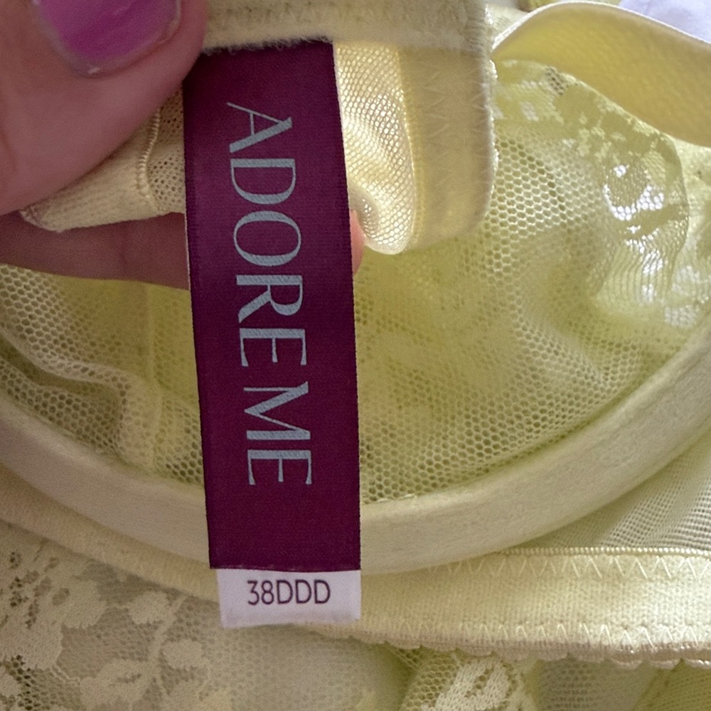💛 Adore Me Unlined Clera Bra Neon Yellow Lace Green Bows 38F 3D 38 DDD - Picture 6 of 9